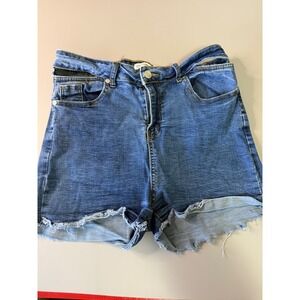 Celebrity Ace Blue Denim Cut Out Waist Frayed Hem Jean Shorts Size 13/31